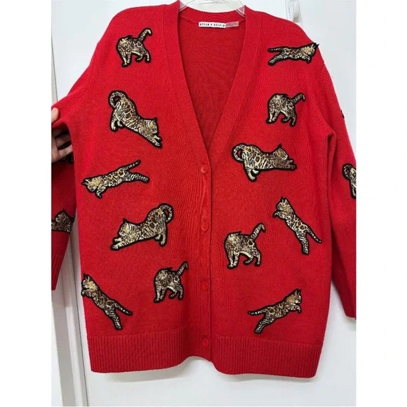 Alice + Olivia Red Bengal Cat Embroidered Grandpa Cardigan – Wool Blend, Size M - Picture 5 of 15